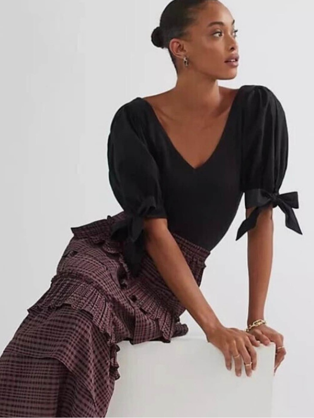 Anthropologie Maeve Black Puff-Sleeve Tie Cuff V-Neck Top